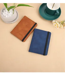 Detail view of pu leather RFID passport holder wallet with elastic band, travel document organizer.