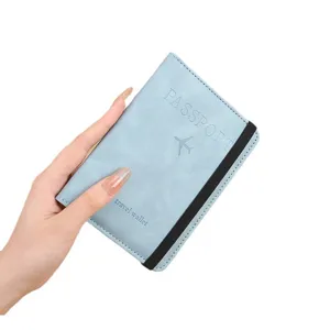 PU leather passport wallet holder with elastic band travel document organizer blue