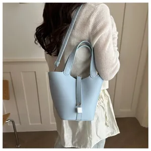 Light blue bucket bag for women chic shoulder handbag stylish solid color PU leather casual purse