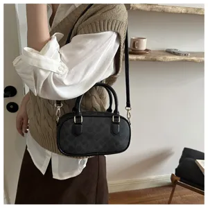 Retro black monogram bowling handbag, classic shoulder crossbody pillow bag for women