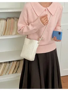 Korean style chic white woven PU leather phone crossbody bag for women daily casual