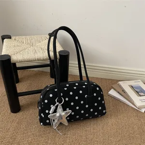 Black polka dot shoulder bag, chic stylish pillow handbag for women daily fashion wear