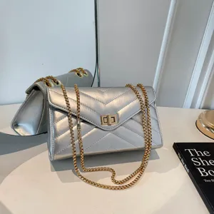 Schicke silberne gesteppte Kettenschultertasche mit elegantem Chevron-Muster und Gold.