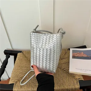 Silver woven crossbody phone bag for women, stylish Korean style shoulder bag, PU leather.