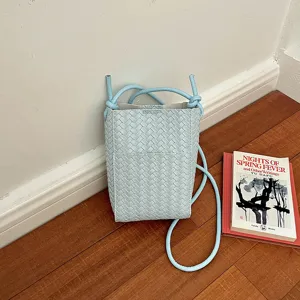 Light blue woven crossbody bag PU leather mini shoulder bag stylish phone purse for women