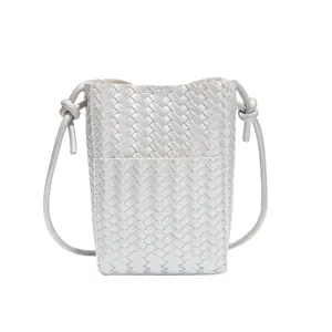 Silver woven crossbody phone bag for women, stylish PU leather mini shoulder bag casual.