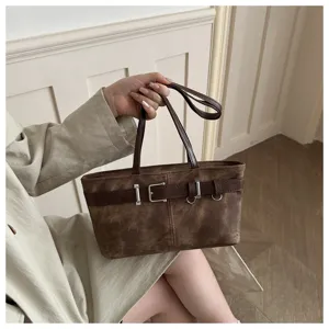 Bolso de hombro marrón vintage para mujer, elegante bolso de mano con hebilla de cinturón