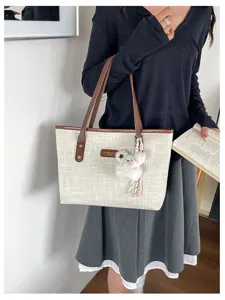 Casual canvas tote bag for women vintage commuter shoulder bag with cute fluffy charm pendant