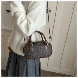 Retro PU Leder Umhängetasche mit schickem Monogramm-Druck, vielseitige Crossover Tasche für Damen.