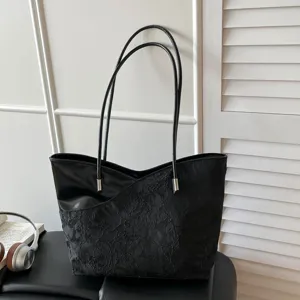 Γυναικεία Μόδα Casual Minimalist Textured Large Capacity Tote Bag PU Leather Stitching Lace Handbag Daily Commute Shoulder Bag