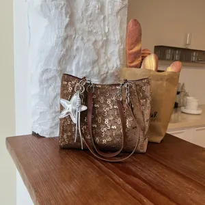 Women Large Capacity Tote Bag Stylish Digital Print Shoulder Bag Sequin Chain Elegant Daily Commute Purse Fashion Handbag
