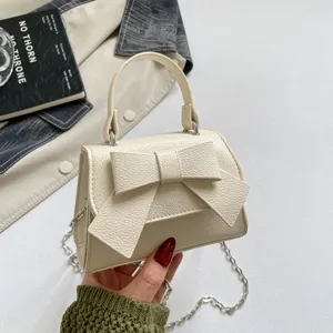 Kids Girls Cute Bow Crossbody Bag Mini PU Leather Handbag Stylish Princess Shoulder Bag Solid Color Flap Square Bag With Chain