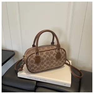 Retro brown monogram barrel handbag stylish shoulder crossbody bowling bag for women winter new
