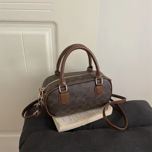 Vintage PU Leather Bowling Bag For Women Monogram Stitching Top Handle Pillow Bag Crossbody Shoulder Handbag Urban Minimalist Style