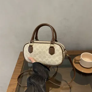 Vintage brown monogram bowling bag retro PU leather top handle shoulder bag new chic style
