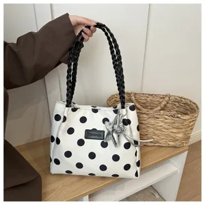 Borsa tote a pois in tela vista dettagliata, borsa a spalla casual di grande capacità.
