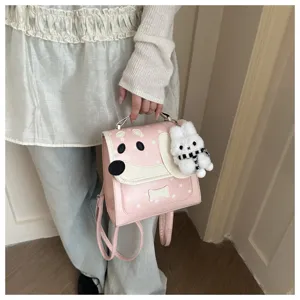 Pink cartoon dog print backpack cute star pattern schoolbag with plush bunny pendant for girls