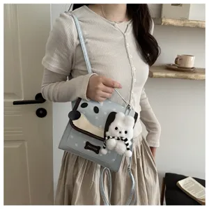 Cute cartoon dog print shoulder bag for women, sweet style PU leather crossbody bag with bunny plush.