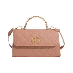 Pink quilted crossbody bag with gold chain handle and chic clasp for daily fashion wear.