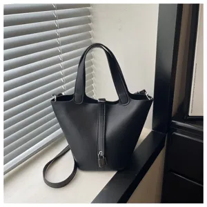 Black leather bucket bag women chic minimalist top handle handbag casual shoulder crossbody bag