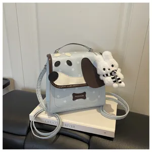Cute cartoon puppy design backpack with star print, stylish PU leather casual handbag.