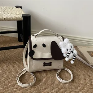 Cute cartoon dog print backpack PU leather convertible crossbody handbag for women girls.