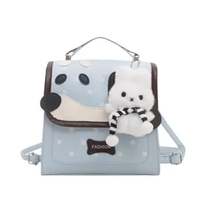 Cute cartoon dog print backpack stylish PU leather messenger bag for teen girls daily use