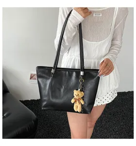 Grande borsa shopper nera da donna, elegante borsa a spalla minimalista in pelle PU.