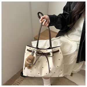 Vintage γυναικεία τσάντα tote με πουά σχέδιο, μεγάλη κομψή τσάντα ώμου με φιόγκο.