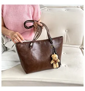 Borsa tote in ecopelle marrone scuro da donna, grande capacità borsa a spalla minimalista.