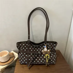 Borsa Sottobraccio da Donna Dolce a Pois in Stile Coreano Borsa Tote in Ecopelle Grande Capacità Con Ciondolo a Orso Borsa a Spalla Casual