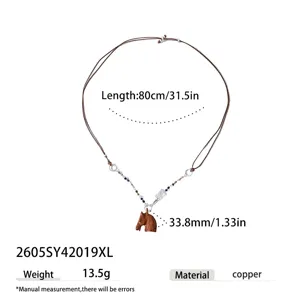 Wooden horse pendant necklace detail view displaying exact dimensions and material specs.