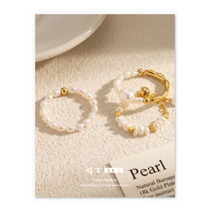 Ensemble de bagues en perles d'eau douce naturelles plaqué or 18k bijoux élégants rétro pour femmes