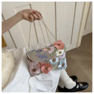 Exquisite embroidered floral chain shoulder bag detail, elegant design with premium craftsmanship.