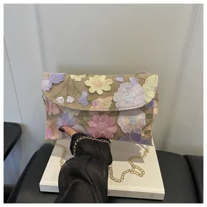 Close-up view of the exquisite floral embroidery detail on the elegant evening shoulder bag.