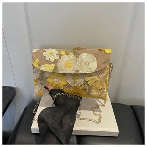 Embroidery floral sequin evening shoulder bag women chain crossbody bag summer purse chic