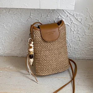 Bolso Bandolera Minimalista de Cuero PU y Paja Tejida Bolso de Hombro Retro con Solapa y Colgante de Borla Bolso Cuadrado Vertical para Teléfono Mujer