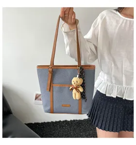 Bolso tote grande para mujer elegante bolso de hombro retro casual con colgante oso
