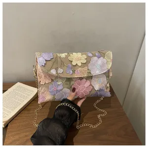 Floral embroidered canvas shoulder bag detail showing colorful flower appliqué and gold chain.