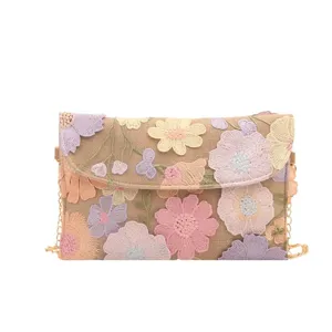 Women floral embroidered crossbody bag, pastel flower canvas evening shoulder chain bag.