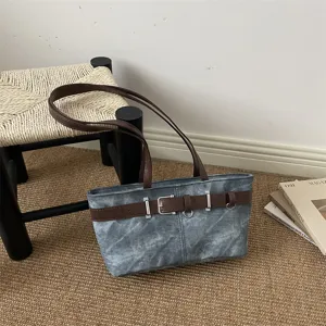 Bolso de hombro retro de mezclilla para mujer, elegante bolso de mano con cinturón vintage.