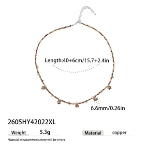 Bohemian beaded necklace with charming flower pendants, detailed length and material specs view.