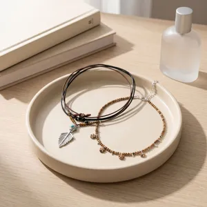 Bohemian ethnic vintage layered leather cord necklace and beaded necklace detail shot.