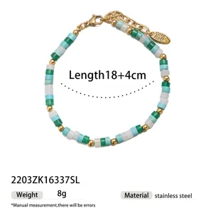 Beaded bracelet detail shot, summer beach style with colorful natural stone and steel chain.