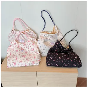 Floral canvas tote bag large capacity drawstring shoulder bag casual autumn stylish handbag