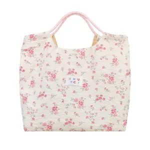 Floral canvas tote bag for women, large capacity casual shoulder bag with pink rope handles.