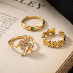 Anello Regolabile Aperto a Fiore in Rame con Strass Vintage Francese Elegante Anello Minimalista con Conchiglia e Gemma Verde da Donna Gioielli di Moda