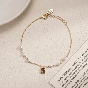 Elegant Gold Plated Copper Bracelet For Women With Natural Freshwater Pearl Shell MOP Charms Rhinestone Beach Resort Fashion Jewelry
