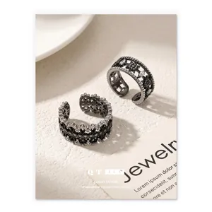 Anello Aperto Regolabile con Stella a Otto Punte e Strass in Pizzo Intagliato Stile Vintage Francese per Donna Gioielli di Lusso Squisiti in Rame