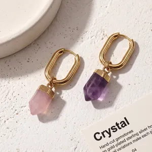 Chic natural crystal drop earrings with gold-plated geometric hoops, elegant jewelry for women.